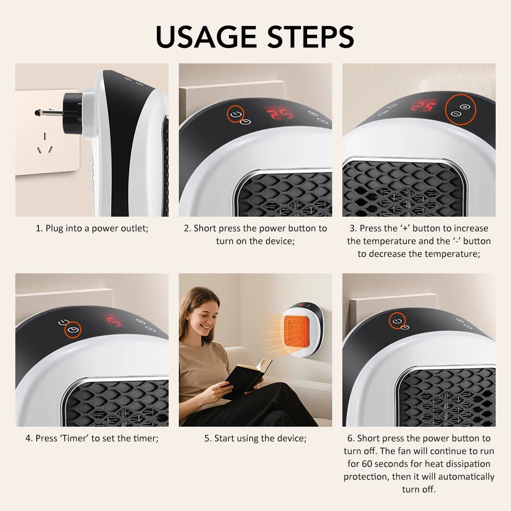 Portable Heater Electric Heater Plug in Wall Room Heater Home Appliance Heating Stove Mini Radiator Remote Warmer Machine 600W
