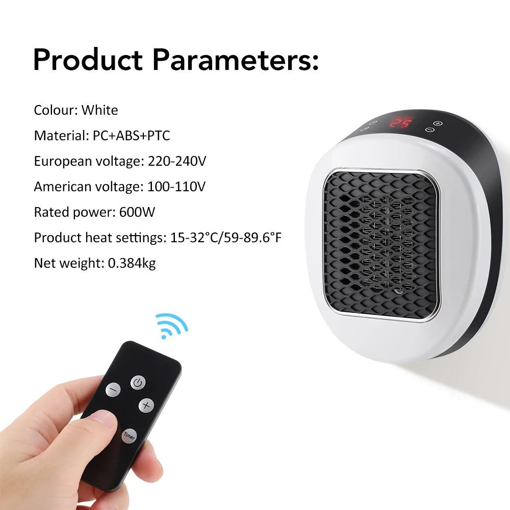 Portable Heater Electric Heater Plug in Wall Room Heater Home Appliance Heating Stove Mini Radiator Remote Warmer Machine 600W